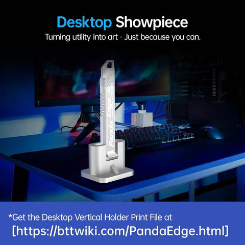 Desktop setup with Panda Edge 3D Printer Scraper, vertical holder, and gaming accessories; link to get desktop print file shown