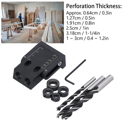 Pro Grade 39 Piece Pocket Hole Jig Kit With 15 Degree Oblique Drill Angle Aluminum Alloy Construction displayed with drill bits and hex wrench
