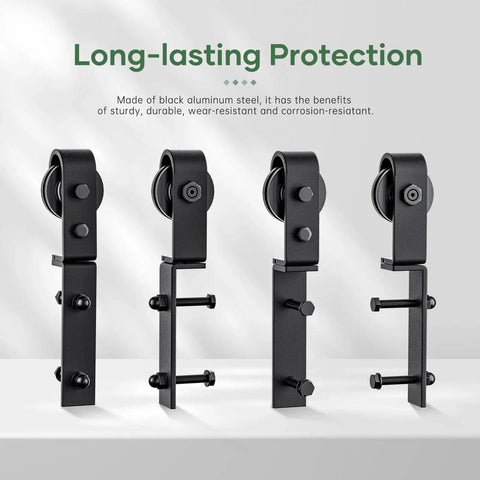64-Inch Bi-Fold Sliding Barn Door Hardware Track Kit with side mounted black J shape rollers, durable aluminum steel.