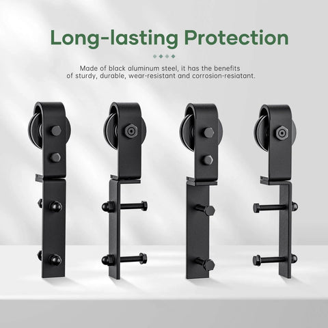 64 Inch Bifold Sliding Barn Door Hardware Track Kit With Side Mounted Black J Shape Rollers in black aluminum steel