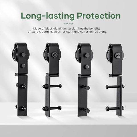 52 Inch Bifold Sliding Barn Door Hardware Track Kit With Side Mounted Black J Shape Rollers for Smooth Quiet Operation, Close-up View