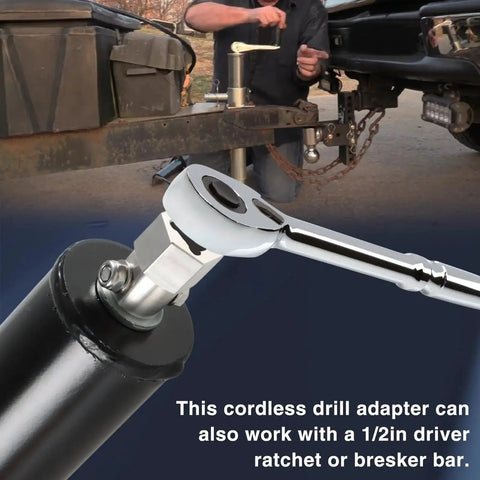 Stainless Steel Trailer Jack Crank Cordless Drill Adapter With Half Inch Socket installed on trailer jack