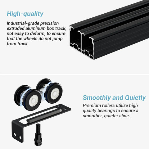 Heavy Duty Bypass Sliding Door Hardware Kit With Soft Close Mechanism, 72 Inch Aluminum Track, rollers, and installation hardware.