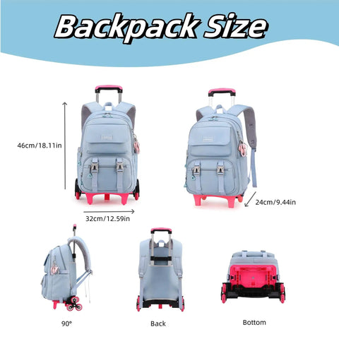 Rolling Backpack Luggage With Wheels Trolley Bag For Travel For Girls And Boys multiple views and dimensions shown