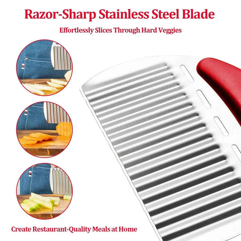 Crinkle Cutter Stainless Steel Potato Slicer For Waffle Fries And Ripple Chips with sharp blade and red handle