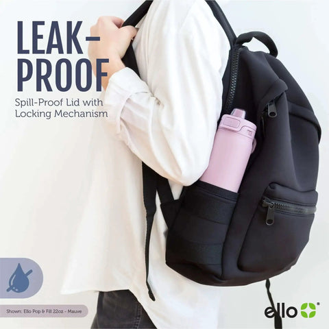 Person carrying backpack with Pop And Fill 22oz Stainless Steel Water Bottle With Quick Fill Lid Dual Sip Or Chug in side pocket.