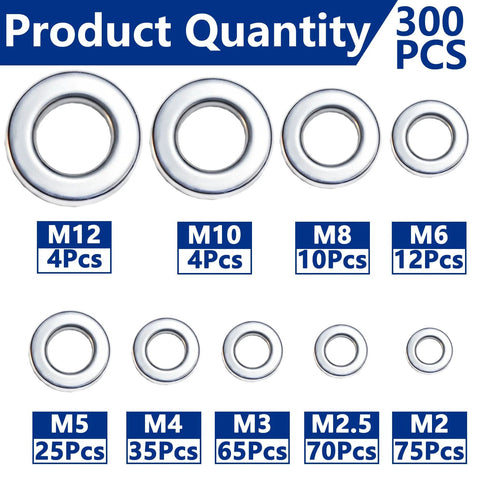 304 stainless steel flat washers set, 300 pcs, assorted sizes M2–M12 for screws and bolts