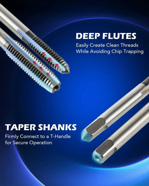 SAE Tap and Die Set For Thread Repair and Rethreading Internal and External Threads In SAE Sizes Four Through Twelve, close-up of deep flutes and taper shanks