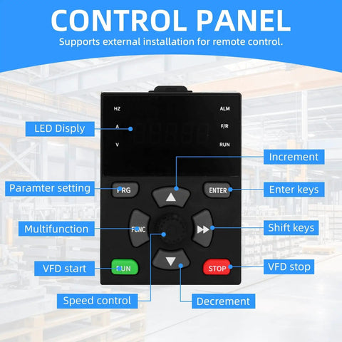 Control panel of Beefy 15KW 20HP VFD Variable Frequency Drive 380V 440V 3 Phase Input And Output 32A Inverter, labeled buttons.