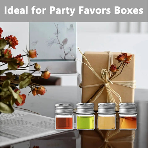 Four Pack 5ml Glass Jars With Lids Tiny Mini Bottles For DIY Crafts Storage And Decor Screw Cap Containers next to a wrapped gift