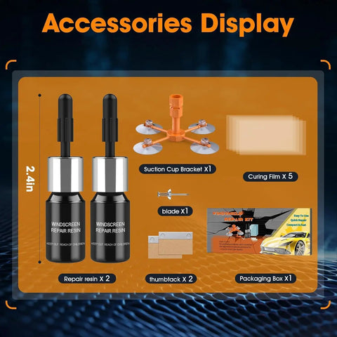 2 Pack Windshield Repair Kit With Enhanced Injection Head For Scratches Cracks And Star Shaped Chips For Fast Fix Clear Results And Easy DIY Repair For Damaged Glass accessories display including repair resin, curing film, tools, and packaging.
