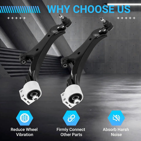 Rockplanet front control arm kit with two black lower arms and white bushings for Chevy Equinox and GMC Terrain.