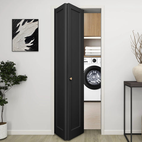 30 Inch By 80 Inch Bifold Barn Door Vinyl Wrapped Textured Black One Panel Bifold Closet Door With Hardware Kit Waterproof in laundry room