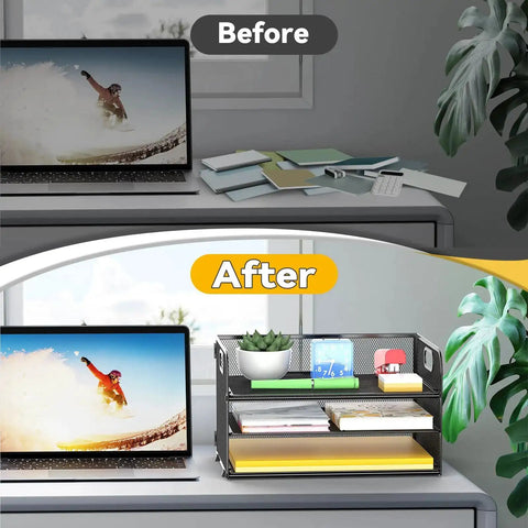Before and after desk setup with Three Tier Paper Organizer Tray With Handle Mesh Letter Tray For Office Home School Black