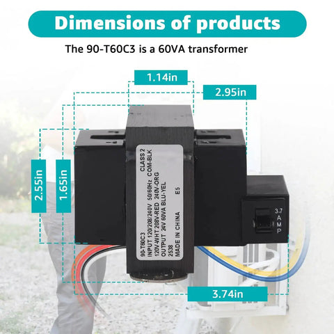 Heavy Duty 90 T60C3 Transformer 120 208 240 Volt To 24 Volt 60 VA Foot Mount Class 2 Replacement with dimensions shown