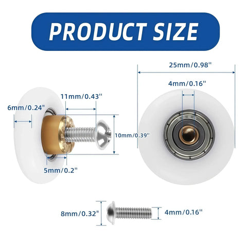 Dimensions of 25Mm 304 Stainless Steel Shower Door Rollers with POM Bearings for sliding doors, showcasing 6-piece replacement wheel set components.