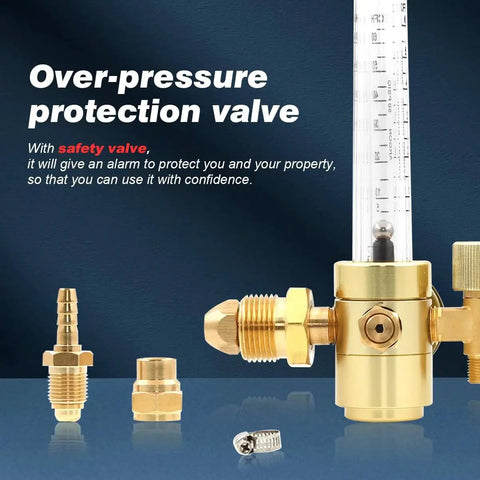 MIG TIG Gas Flow Meter Regulator CGA580 with Safety Valve and 0-60 CFH Flow Gauge, shown with additional fittings.