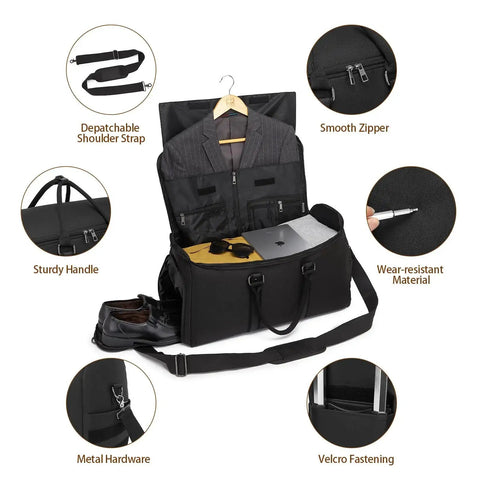 Rolling Garment Bag With Wheels For Travel Carry On Size With Shoe Compartment And Convertible Duffle Design Made From Water Resistant Oxford Fabric With Reinforced Stitching And Heavy Duty Zippers For Airport Ready Trips Black, open with suit and accessories displayed