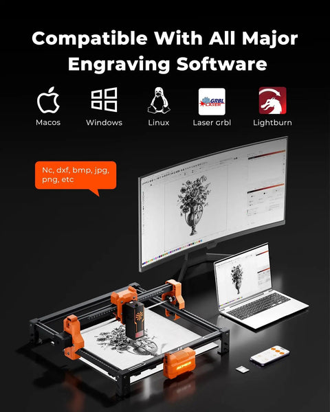 12W Laser Engraver ACMER S2 with 300x300mm work area, showing engraving setup with computer compatibility for software