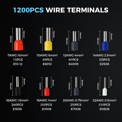Self-Adjusting Ratchet Ferrule Crimping Tool Kit For AWG 23 To 7 Wires with 1200 wire terminals and connectors displayed