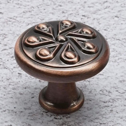 Antique Copper Round Cabinet Knob with decorative design, part of 5 Pack for Drawers and Wardrobes, Zinc Alloy, 1-3/16 Inch Diameter