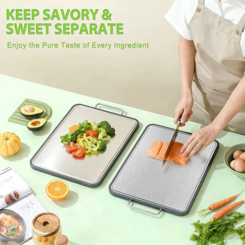 Person using Heavy Duty 316 Stainless Steel Cutting Board 17x11 Inch Dual Sided Chopping Board For Meat And Produce With Deep Juice Grooves