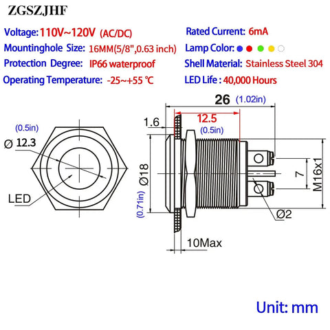 Technical diagram of Red And Green LED Indicator Light 16mm Mounting Hole Five Eighths Inch Waterproof Stainless Steel Pilot Panel Lamp