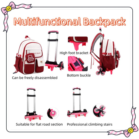 Multifunctional Color Blocking Rolling Backpack For Girls With Wheels, showing detachable trolley and adjustable features