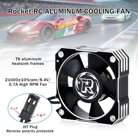 Boss 35mm RC Motor Cooling Fan, 21000 RPM, 8.4V, black and silver aluminum ESC fan for RC cars, shown with JST plug detail.