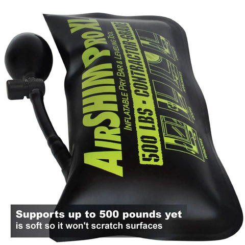 Front view of Air Shim XL inflatable wedge with hand pump; black bag with lime-green graphics