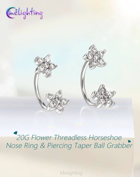 Flower Push Pin 20G Horseshoe Nose Ring Hoop All In One Piercing Set With Taper Ball Grabber Tool 316L Surgical Steel