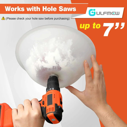 Less Mess Drill Dust Bowl And Hole Saw Dust Collector For Drilling Recessed Lights And Drywall Silicone Transparent Dust Catcher For All Hole Saws With Durable Bearings Gulfmew 1 Pack shown in use with a drill.