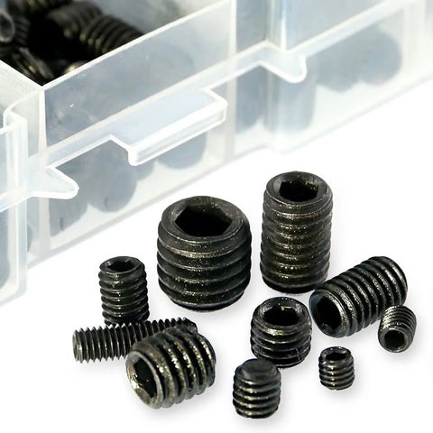400Pcs Allen Head Socket Cup Point Set Screws Kit With 10 Sizes M3 M4 M5 M6 M8, black alloy steel in plastic case.