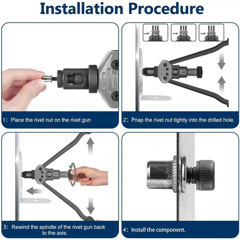 Installation steps for Rivet Nut Kit With 300 Pcs Metric And SAE Rivet Nuts M3 Through M12 And 8-32 Through 1/4-20 In 304 Stainless Flat Head Nutserts