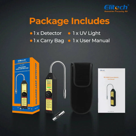 Package contents of Freon Leak Detector For Halogen Refrigerants With Adjustable Sensitivity For HVAC And AC Sniffing Detects R22 R134A R410A R1234YF And All CFC HCFC HFC Blends Reliable Halogen Gas Tester For Ductwork And Maintenance Elitech WJL6000S, including detector, UV light, carry bag, and user manual.