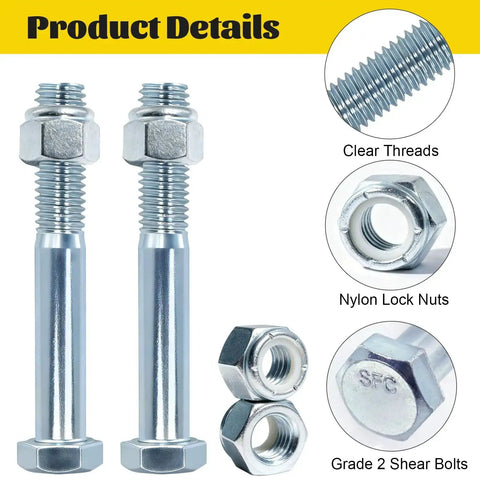 8 Pack Grade 2 Beefy Shear Bolts With Nylock Nuts For Rotary Cutters And Tractors, close-up of bolts and nuts details
