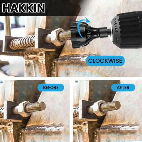 Versatile Hex Shank Deburring Tool With Carbide Blade Hakkin Pro Grade 2 Pack External Chamfer Drill Bit Set Quick Release in use on a bolt