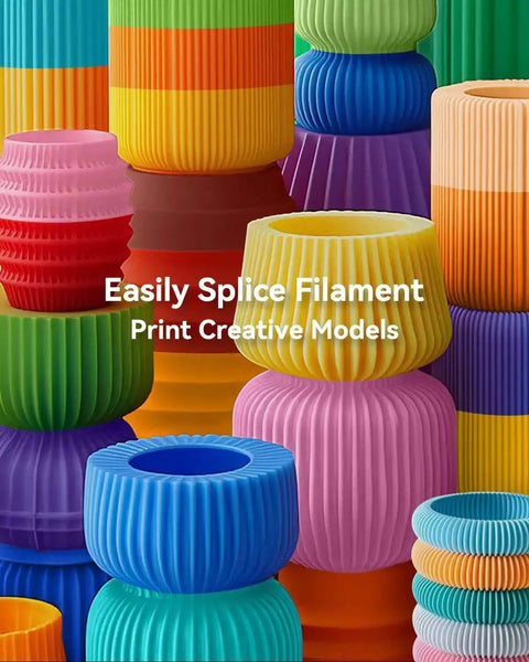Colorful 3D printed filament spools showing fusion versatility for filament connector splicer kit with PTFE sleeve for 1.75mm filaments.