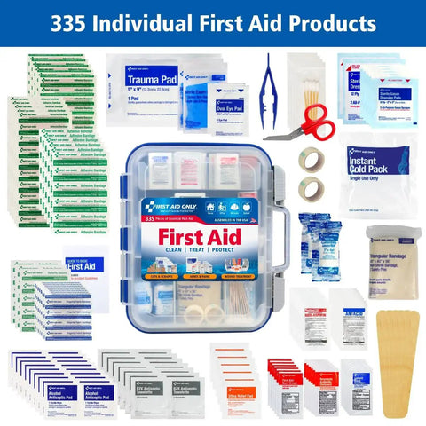 OSHA Compliant All Purpose First Aid Kit For 100 People Perfect For Worksite Office Home And Car Multicolored Emergency Kit With Bandages Gauze Gloves Scissors Tweezers And More displayed with contents.