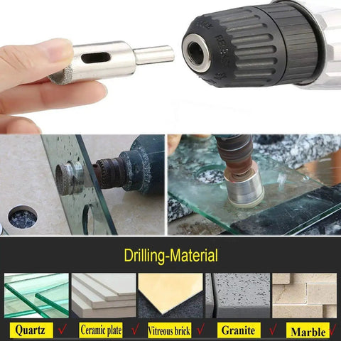 1/2 Inch Diamond Drill Bit Hole Saw Set For Tile Glass Marble Granite Fiberglass Ceramic - 5 Pack With Diamond Coating For Sharp Cutting And Easy Slug Removal Kit, showing drill and materials