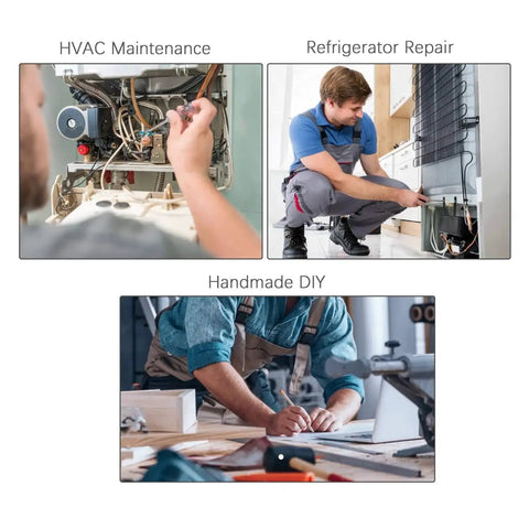 Technician performing HVAC maintenance, worker conducting refrigerator repair, and individual engaged in handmade DIY project.