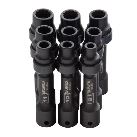 Limited Clearance 1/2 Inch Drive Socket Set, 12 Point, 9 Piece, Metric 8mm To 17mm, Cr-Mo Steel, shown arranged vertically