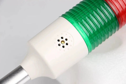 Close-up of 24V LED Indicator Lights For Industrial Machines And Tooling, showing red/green signal alarm light with buzzer tower