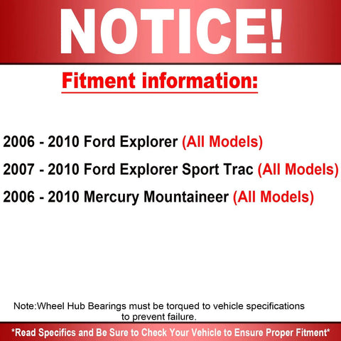 Fitment information for Front Wheel Bearing Hub Assembly With ABS Low Runout 5 Lug 2 Piece Beefed Up Direct Fit For Ford Explorer 2006 2010 Explorer Sport Trac 2007 2010 Mercury Mountaineer