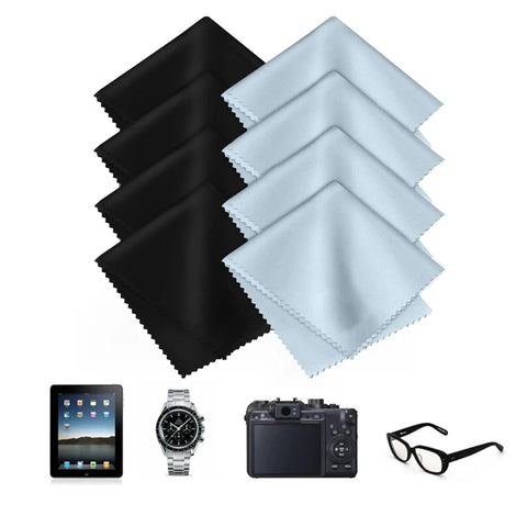 8 Pack Microfiber Cleaning Cloths For Glasses Screens Cameras in black and gray with icons of a tablet, watch, camera, and glasses