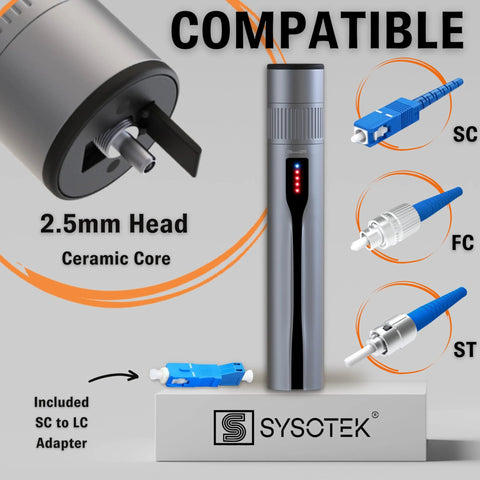 Sysotek Visual Fault Locator fiber optic VFL tool with retractable head and SC/FC/ST tips plus LC adapter in protective case
