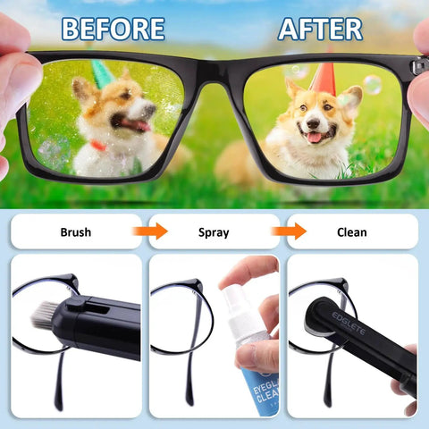 Portable Glasses Cleaning Kit Microfiber Cloth Spray For Streak Free Lenses demonstrating lens cleaning before and after