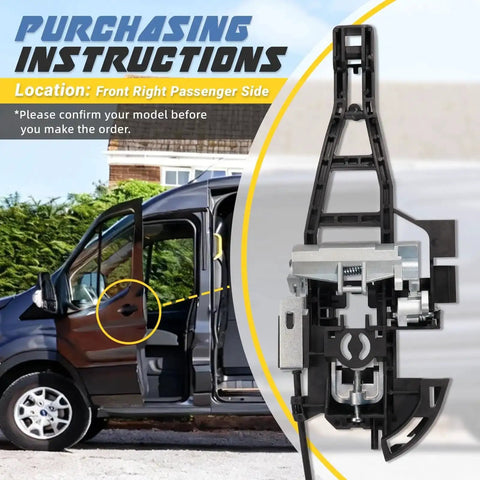 Ford Transit front right passenger door lock latch close-up, easy install for 2015-2023 Transit 150, 250, 350, V6 3.5L.