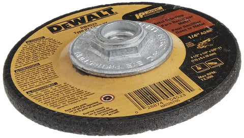Side view of a Premium General Purpose Metal Grinding Wheel For 4 1/2 Inch Discs with label, aluminum oxide grain visible.