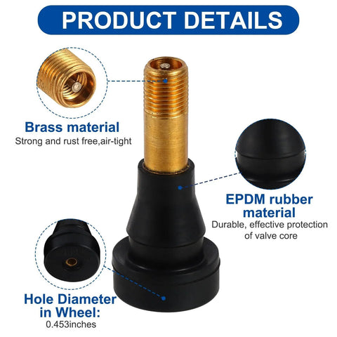 TR600HP Snap-In High Pressure Tire Valve Stems For Tubeless Rims 0.453 Inch Hole Diameter Brass EPDM Seal details